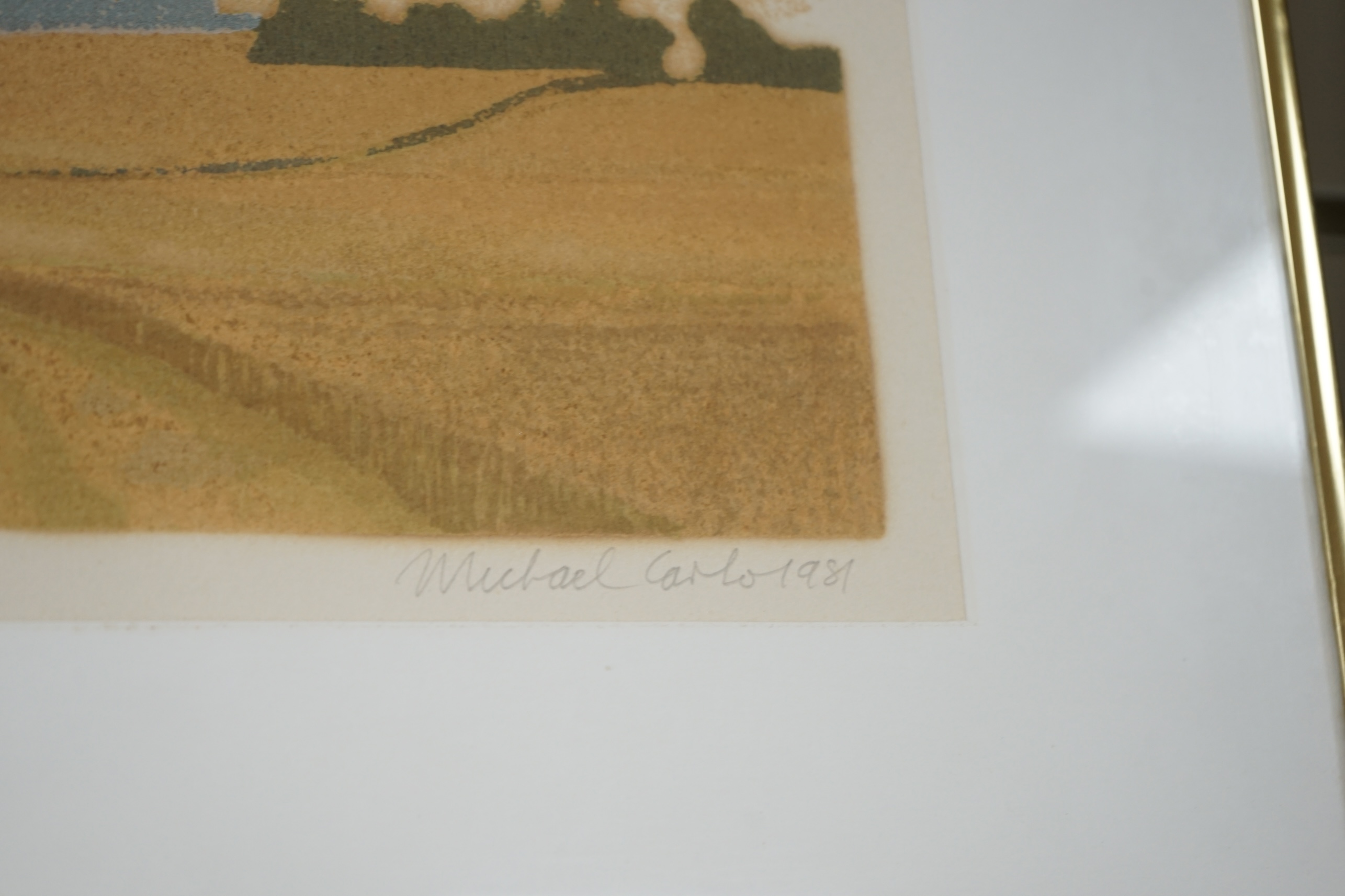 Michael Carlo (1922-2014), colour etching, 'Across the fields', limited edition, 166/200, signed and dated 1981, 28 x 40cm. Condition - fair, faded